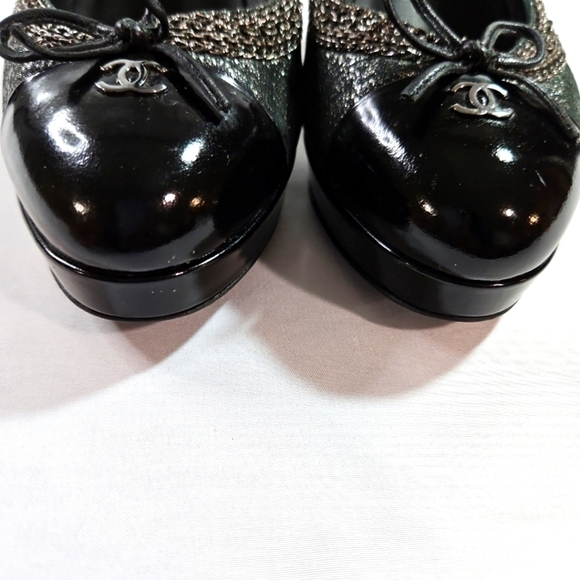 Chanel Black/Silver Suede & Black Patent Leather Platform Heels - Picture 2 of 9